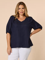 Lino V Neck Top - Navy