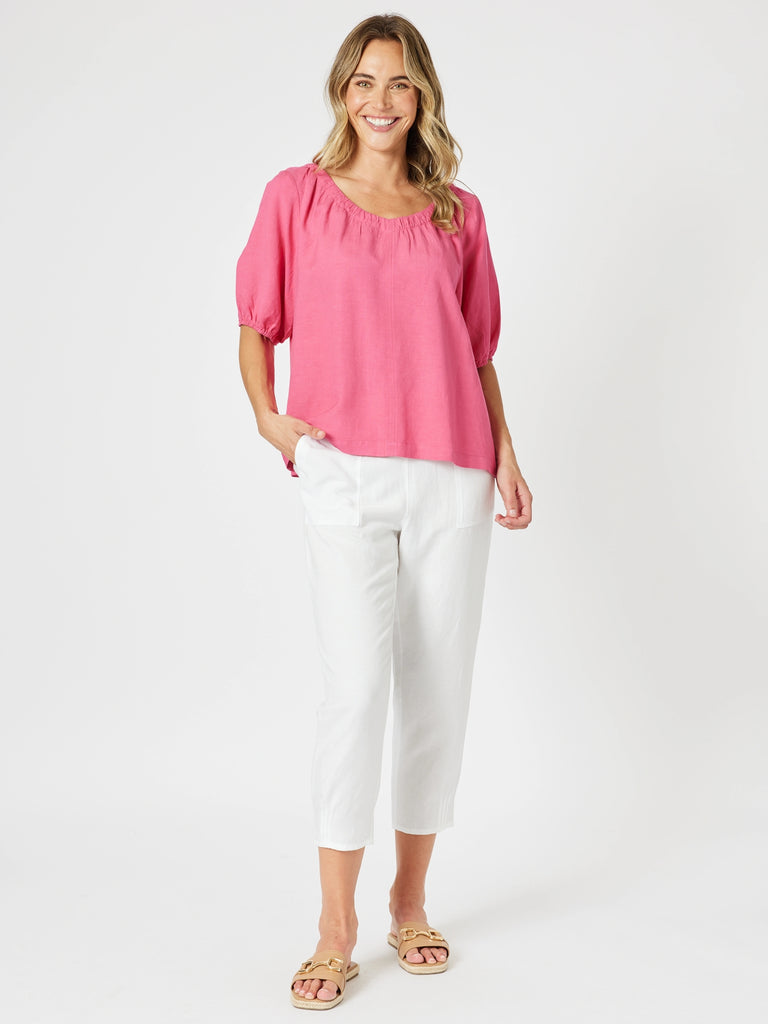 Lino V Neck Top - Peony
