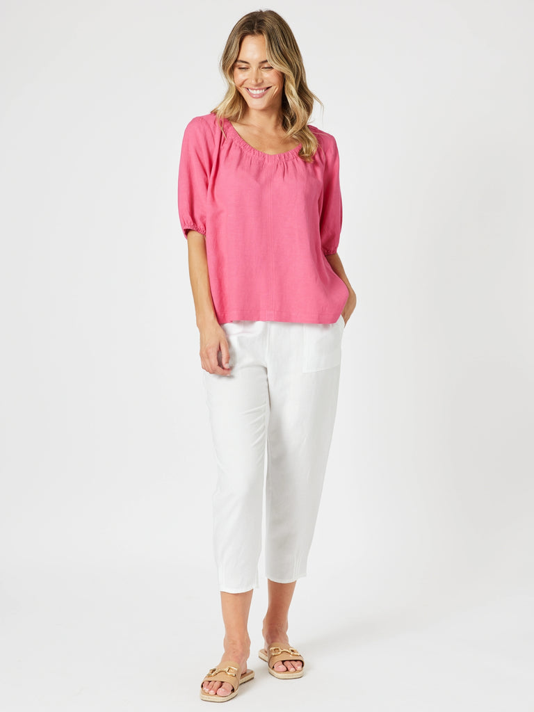 Lino V Neck Top - Peony