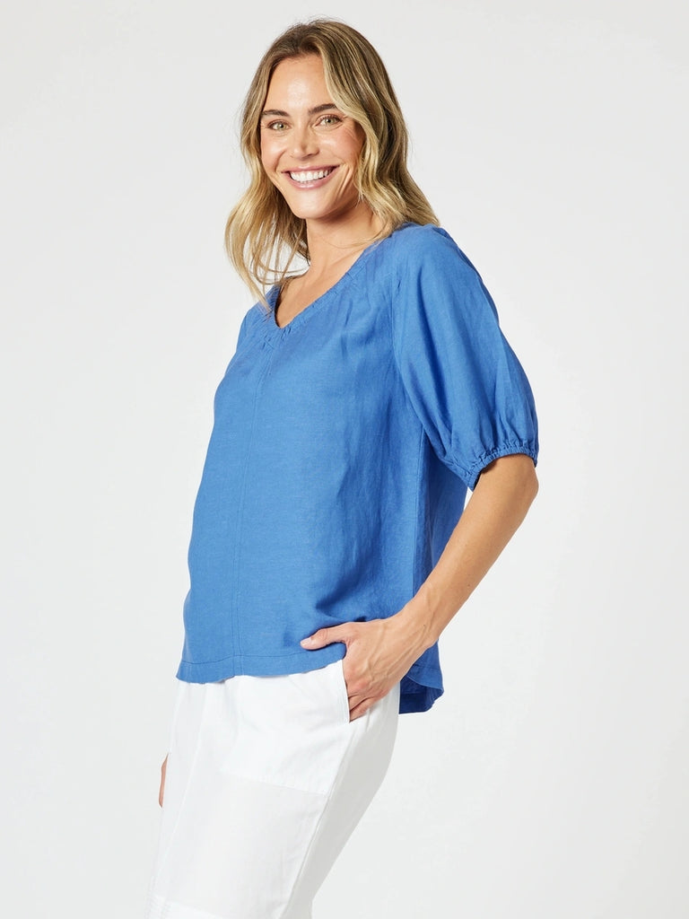 Lino V Neck Top - Sardinia Blue