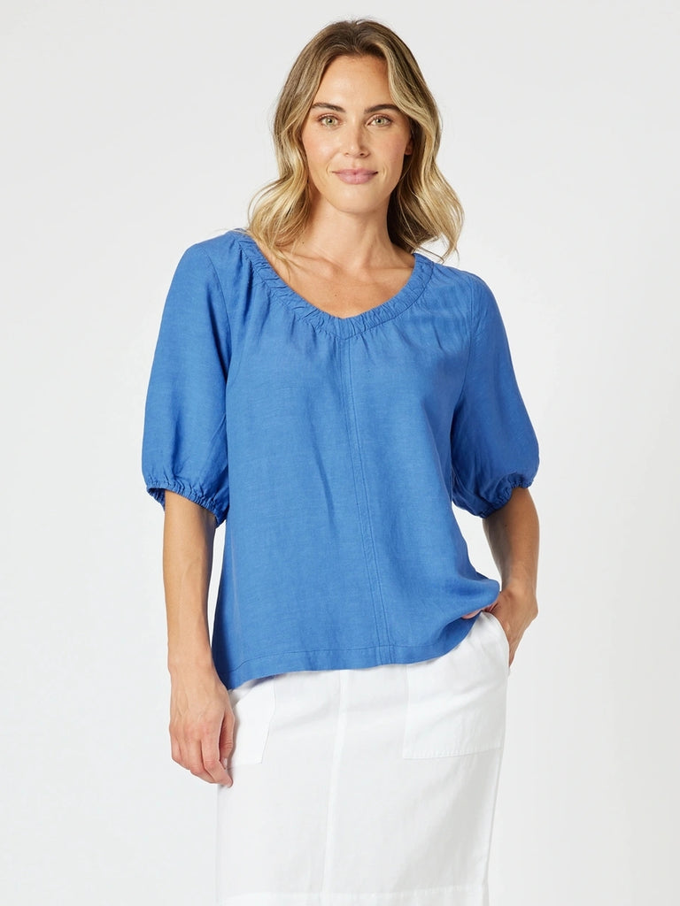 Lino V Neck Top - Sardinia Blue