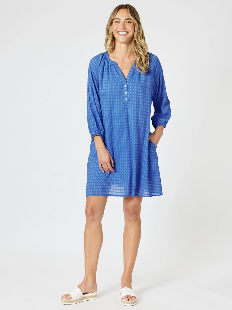 Mykonos Check Dress - Sardinia Blue