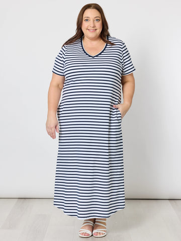 Gemma Stripe Midi Dress - Navy / White