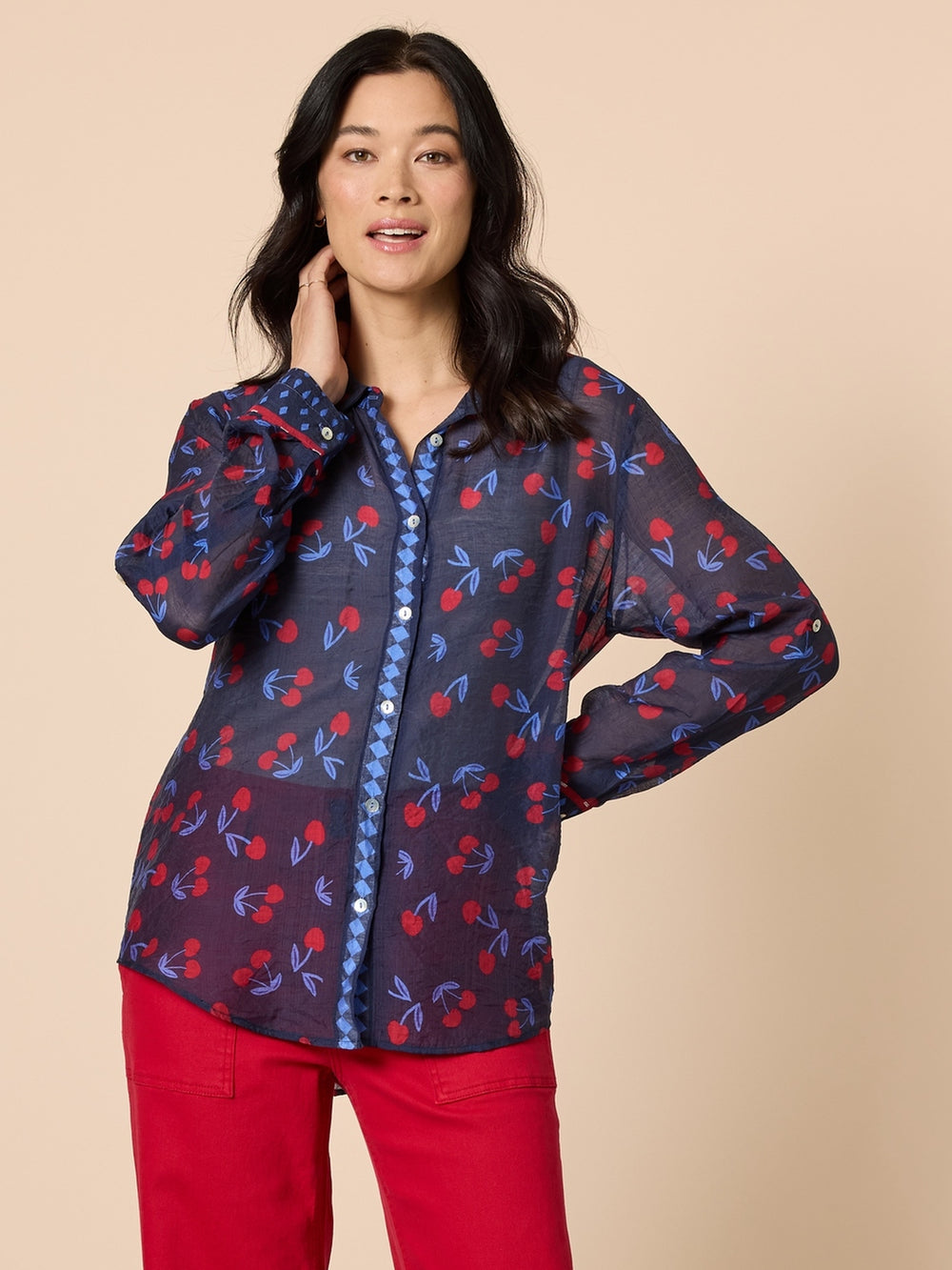 Cherry Delight Print Sheer Shirt - Navy/ Red