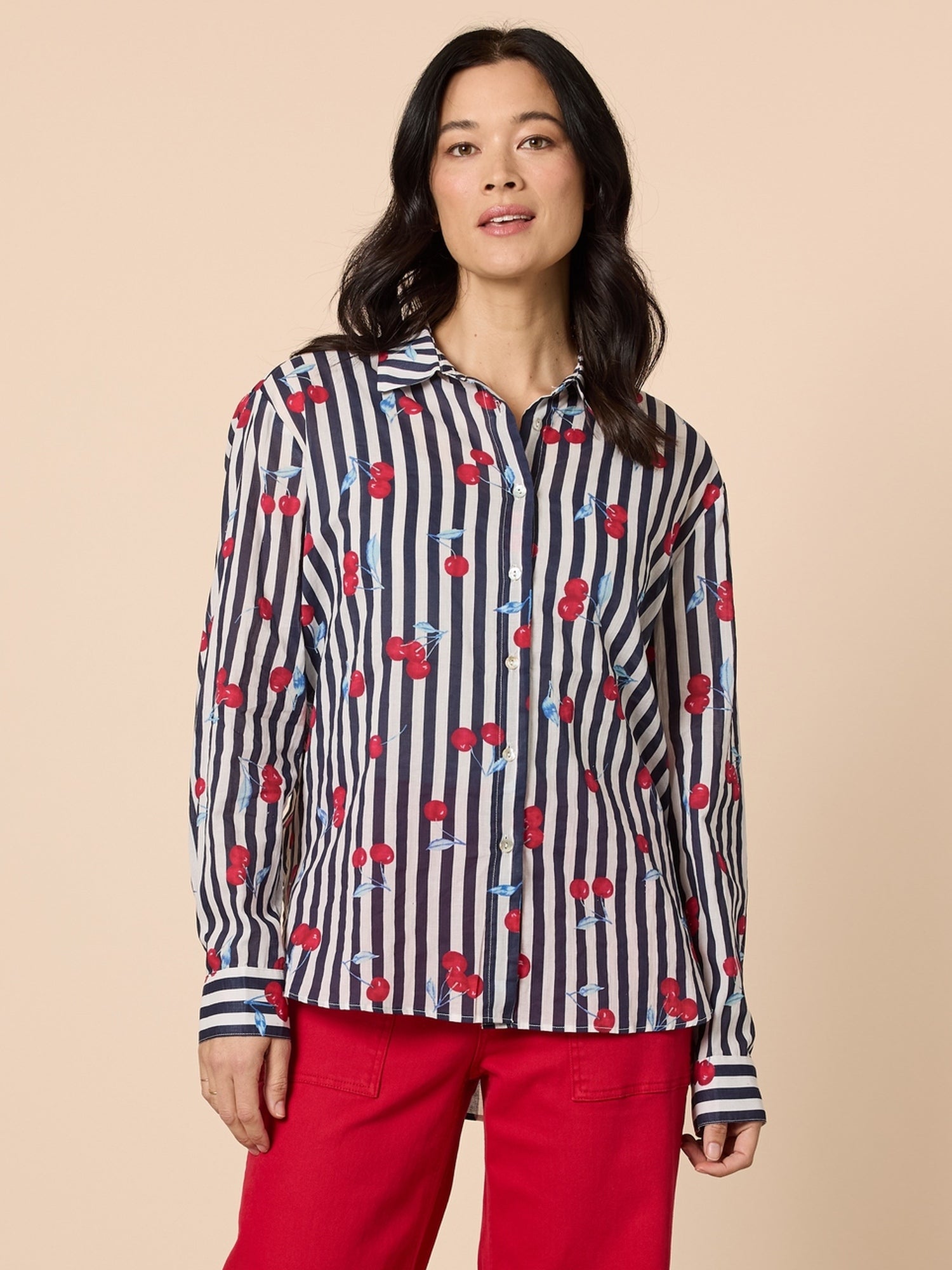 Cherry Stripe Print Sheer Shirt - Navy/ White – Gordon Smith