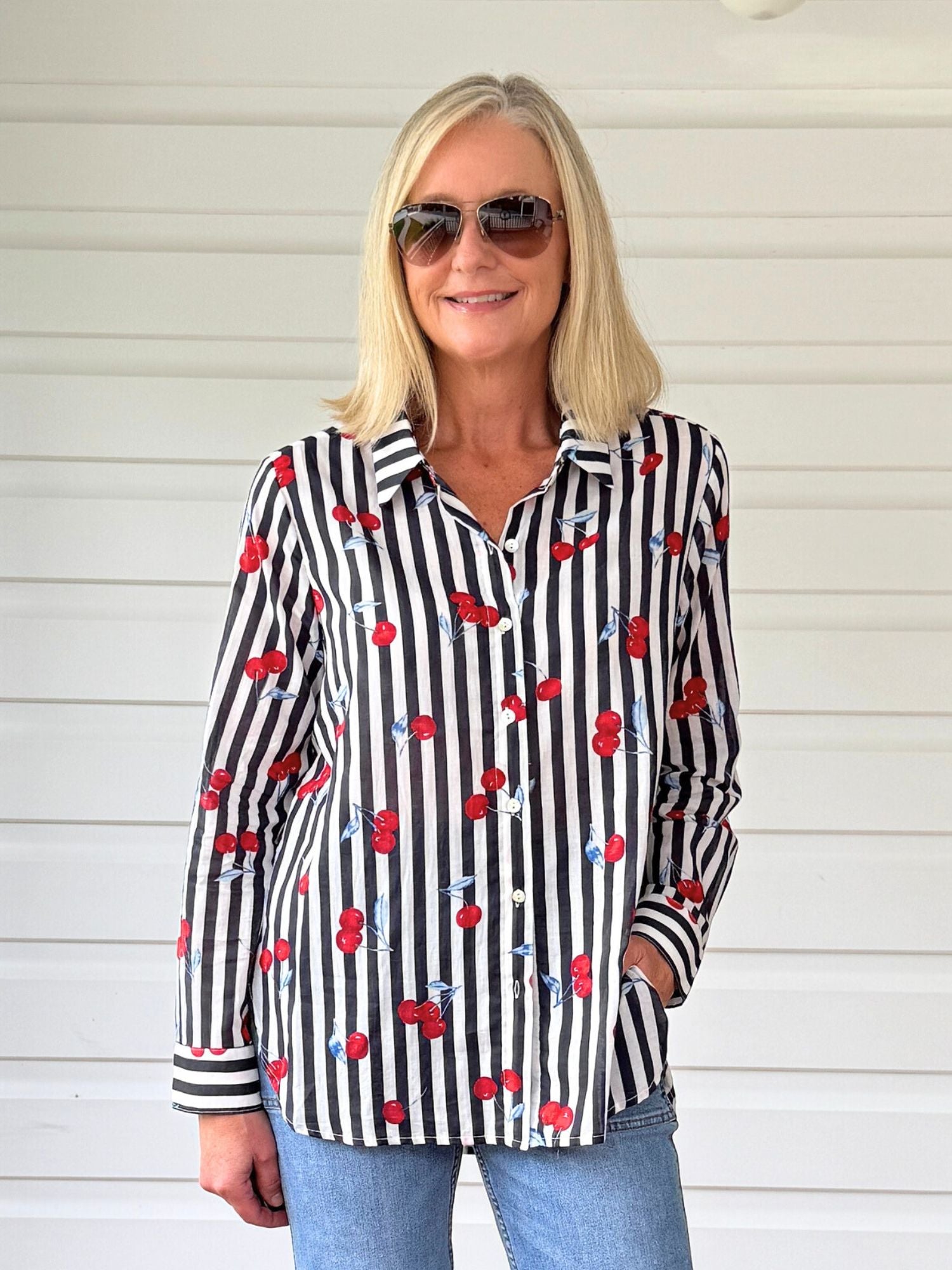 Cherry Stripe Print Sheer Shirt - Navy/ White – Gordon Smith
