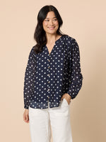 Aurora Spot Print Sheer Top - Navy White