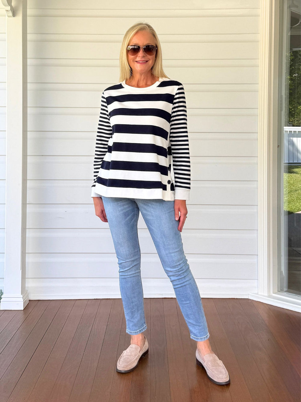 Newport Stripe Button Top - Navy Ivory