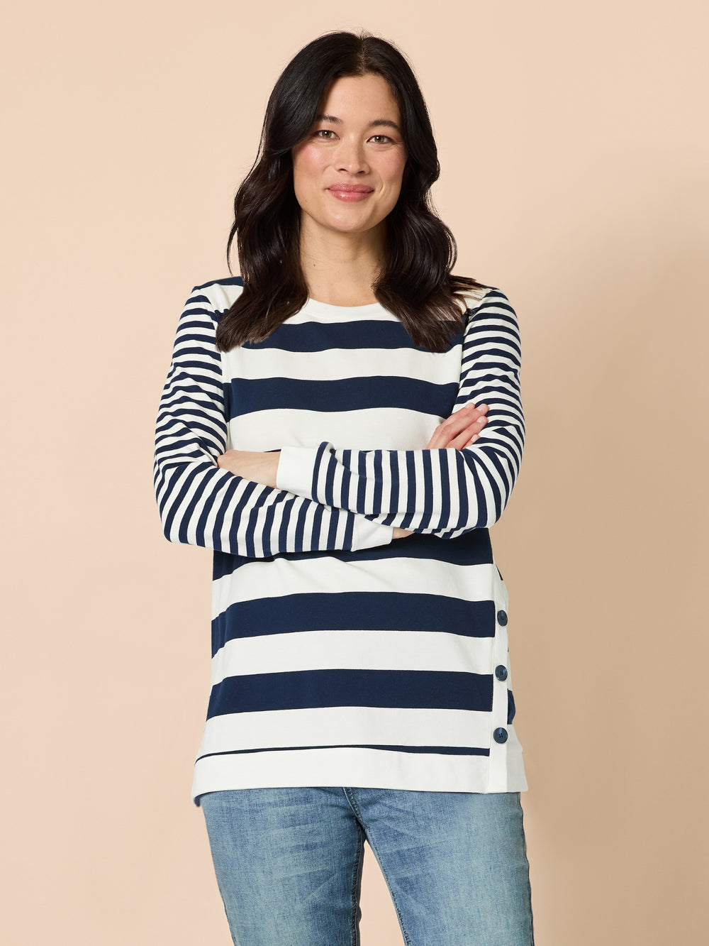 Newport Stripe Button Top - Navy Ivory