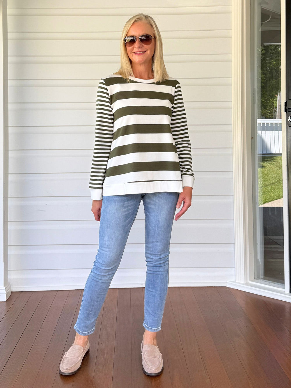 Brighton Stripe Print Top - Khaki Ivory