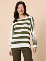Brighton Stripe Print Top - Khaki Ivory
