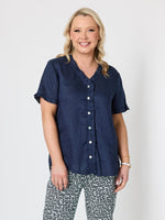Audrey Linen Short Sleeve Top - Navy