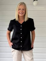 Audrey Linen Short Sleeve Ruffle Shirt - Black