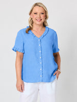 Audrey Linen Short Sleeve Ruffle Shirt - Cornflower