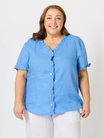 Audrey Linen Short Sleeve Ruffle Shirt - Cornflower