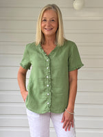 Audrey Linen Short Sleeve Ruffle Shirt - Fern