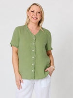 Audrey Linen Short Sleeve Ruffle Shirt - Fern