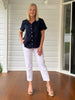 Audrey Linen Short Sleeve Ruffle Shirt - Navy