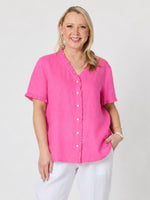 Audrey Linen Short Sleeve Ruffle Shirt - Raspberry