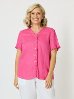 Audrey Linen Short Sleeve Ruffle Shirt - Raspberry