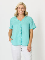 Audrey Linen Short Sleeve Ruffle Shirt - Seafoam