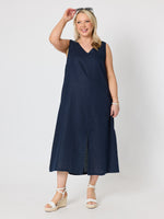 Ava Linen V-neck Dress - Navy
