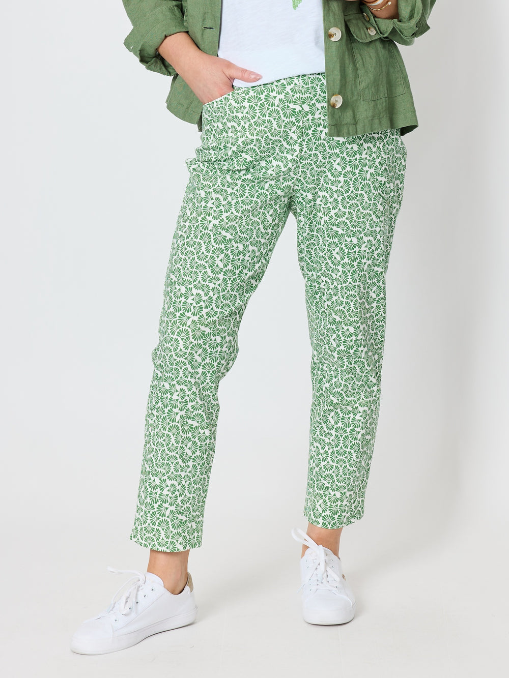 Oasis Print Slim Leg Pant - Fern White