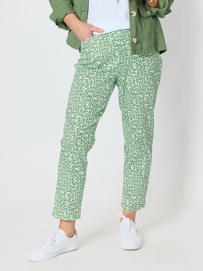 Oasis Print Slim Leg Pant - Fern White