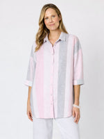 Paros Linen Stripe Linen Shirt - Pink Silver