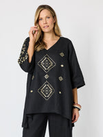 Soleil Foil Print Linen Top - Black/Gold