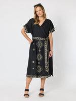 Soleil Foil Print Linen Dress - Black/Gold