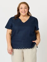 Lilly Scallop Hem Linen Top - Navy