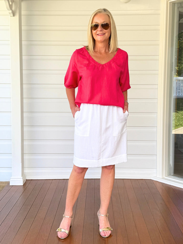 Lino Stitch Hem Detail Skirt - White