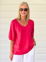 Lino V Neck Top - Peony