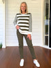 Brighton Stripe Print Top - Khaki Ivory