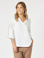 Palm Embroidery Lino Top - White / Natural