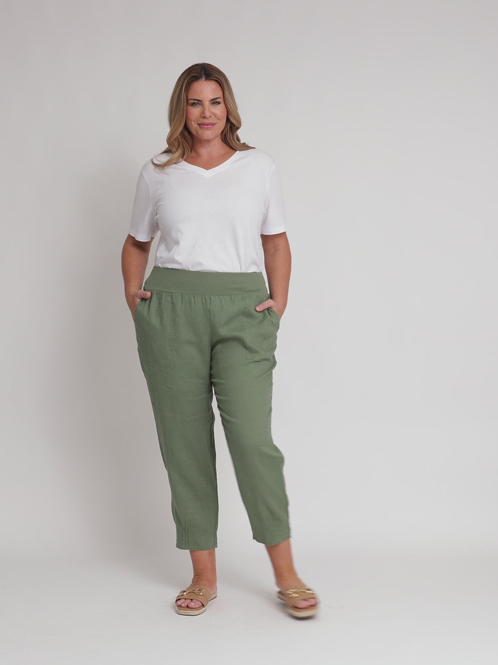 Sarah Linen Pleat Hem Pant - Khaki