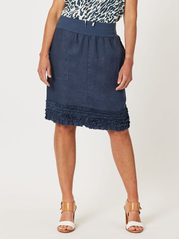 Ruffle Hem Linen Skirt - Navy