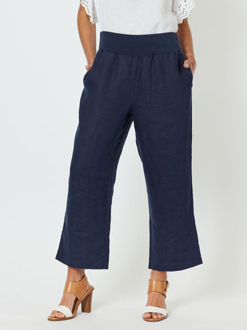 Jersey Waist Linen Wide Leg Pant- Navy